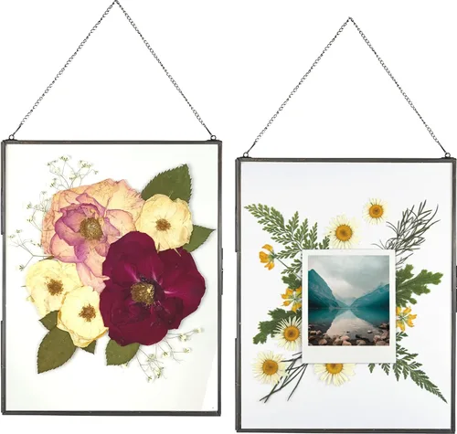 Vista 11 de Beedecor Juego de 2 marcos colgantes de vidrio doble para flores prensadas, hojas y obras de arte, marco flotante de metal grande con cadena, marcos