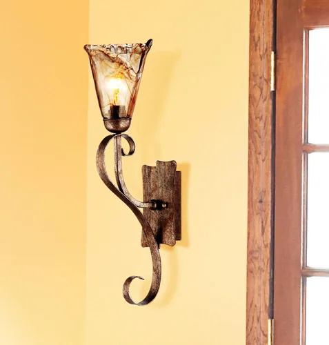 Vista 7 de Franklin Iron Works Aplique de pared rústico de desplazamiento ámbar, iluminación de metal dorado con cableado de metal de 23 1/2 pulgadas