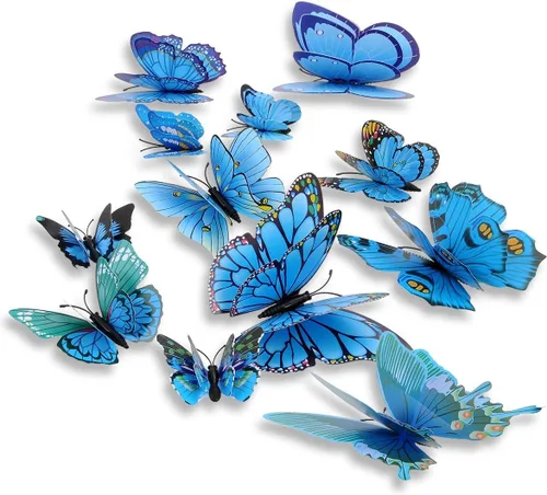 Vista 2 de Paquete mixto de 12 pegatinas de mariposas 3D en rosa para pared, decoración artística (2 azules)