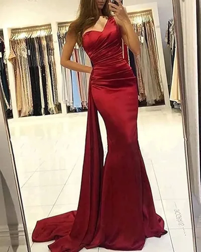 Vista 3 de One Shoulder Mermaid Prom Dresses for Women Long Satin with Train Formal Evening Party Gowns 2022