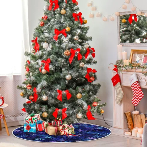 Vista 4 de Falda de Árbol de Navidad Azul y Morada con Copo de Nieve, Alfombra de Árbol de Temporada para Fiestas y Vacaciones, Suministros para Decoración