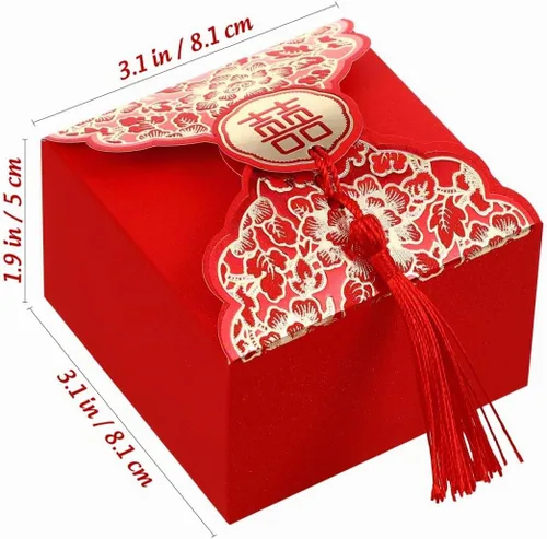 Vista 6 de Abaodam Cajas de dulces de boda chinas, 80 cajas de regalo chinas con borla para invitados, bolsa creativa de decoración de mesa para compromiso