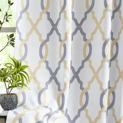Vista 2 de FMFUNCTEX Cortinas 100% opacas de 84 pulgadas de largo para dormitorio, cortinas con patrón geométrico amarillo gris sobre blanco, cortinas