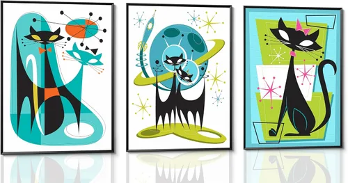 Vista 7 de 3 piezas de arte de pared enmarcado de gatos atómicos, conjunto de pinturas abstractas de futurismo retro de mediados de siglo, azul verde naranja