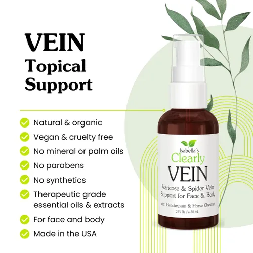 Vista 2 de Isabella's Clearly VEIN, el mejor tratamiento natural de venas varicosas y arañas vasculares para piernas, cara, cuerpo Aceites esenciales