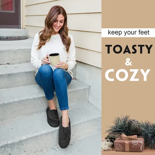 Vista 2 de LongBay Pantuflas ajustables para mujer, de espuma viscoelástica, cómodas, anchas, para diabéticos, para casa, Edema, neuropatía ortopédica