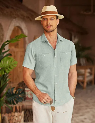 Vista 2 de COOFANDY Camisa de lino para hombre, para playa, verano, manga corta, abotonada, camisas casuales