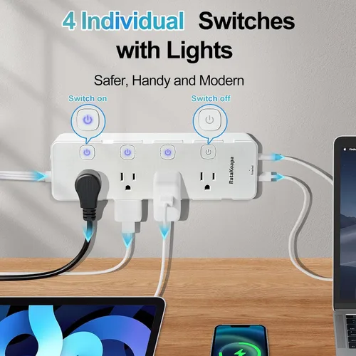 Vista 3 de Regleta protectora de sobretensiones de 15 pies, 8 salidas de CA, 4 USB (2 USB C), cable de extensión de enchufe plano con interruptores