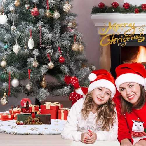 Vista 6 de Faldas de árbol de Navidad de 60 pulgadas, falda de árbol de Navidad de piel sintética blanca con copos de nieve de lentejuelas doradas, faldas