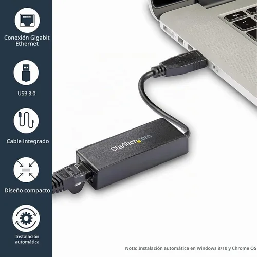 Vista 3 de StarTech adaptador de red de NIC con conexión Gigabit Ethernet y puerto USB, Negro