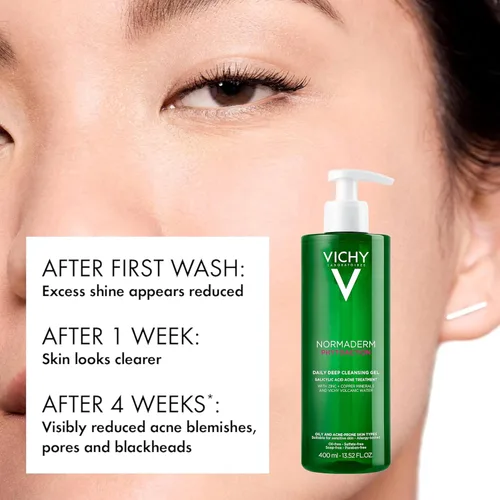 Vista 2 de VICHY Normaderm Daily Acné Face Wash, limpiador facial de ácido salicílico para piel grasa y propensa al acné, limpiador de acné que limpia