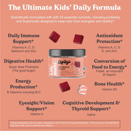 Vista 3 de Chewsy Multivitamínico para niños, deliciosos masticables diarios de vitaminas estilo caramelo + probióticos + superalimentos, suplemento masticable