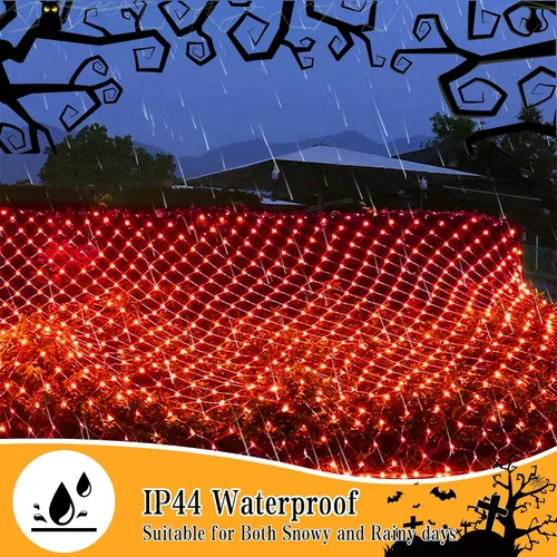 Vista 4 de Luces de red de Halloween, 360 luces LED de malla de 12 pies x 5 pies con 8 modos de control remoto, red impermeable de luces de arbusto de Navidad