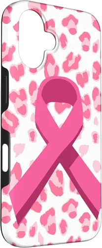 Vista 3 de Funda para iPhone 16 con cinta rosa en estampado de leopardo para concientización sobre el cáncer de mama