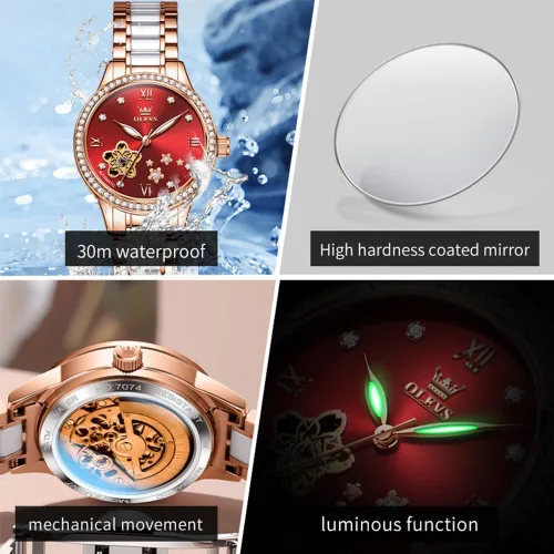 Vista 4 de OLEVS Relojes para mujer, reloj automático de lujo, correa de cerámica, oro rosa, reloj de pulsera para mujer