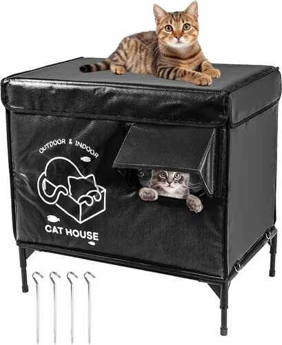 Vista 7 de Casa para gatos al aire libre, refugio elevado indestructible para gatos resistente a la intemperie con puerta de escape, exterior impermeable