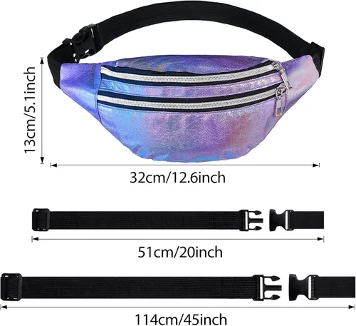 Vista 2 de Riñonera holográfica de 3 piezas para mujeres, hombres y niños, cintura deportiva de color metálico con bolsas y cinturón ajustable, paquete