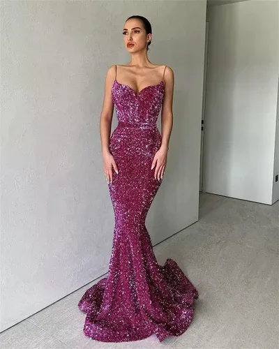Vista 3 de Vestidos de fiesta de sirena para mujer, vestido de baile con lentejuelas brillantes, tirantes delgados, cuello en V, vestido largo formal de noche