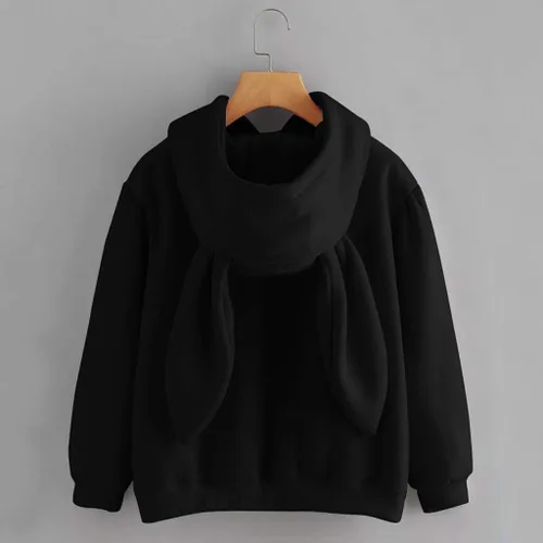 Vista 3 de Suéter con capucha de conejo Grils para mujer, de manga larga, con orejas de conejo (negro, M), Negro