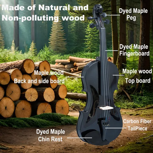 Vista 2 de CRAFTEEM 1/2 Conjunto de violín negro premium hecho a mano para principiantes, adultos y niños con cinta adhesiva para dedos de 5 colores - Violín
