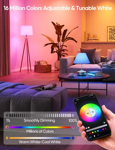 Vista 2 de Bombillas LED inteligentes A19, equivalente a 60 W, 800 lúmenes, cambio de color, bombillas Bluetooth E26 de 9 W con control remoto, 16 millones