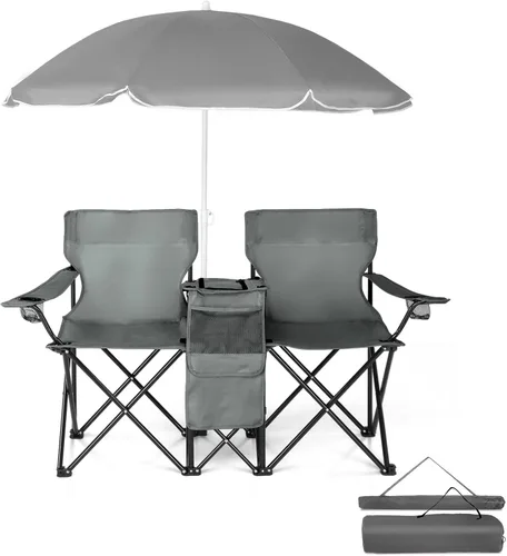 Vista 10 de Silla plegable, silla de camping portátil de 2 asientos con sombrilla extraíble, sillas plegables para exteriores, sillas portátiles de pesca