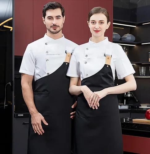 Vista 3 de Chaqueta de chef de moda para hombre, transpirable, con ventilación oculta, uniforme de chef (abrigo + delantal)