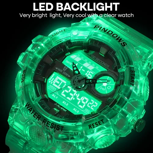 Vista 4 de PINIDOUS Reloj deportivo digital para hombre, reloj deportivo dorado, resistente al agua, con 3 alarmas, cuenta atrás, cronómetro, digital