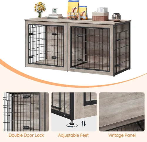 Vista 3 de HOOBRO Mueble de jaula para perros para 2 perros, mueble grande de 63 pulgadas para jaulas dobles con divisor, soporte de madera para interiores