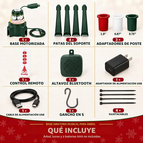 Vista 8 de GREATDAY - Soporte musical giratorio para árbol de Navidad con control remoto, altavoz Bluetooth, 10 canciones, rotación de 360°, se adapta a