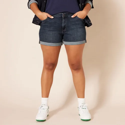 Vista 6 de Tienda Essentials Pantalones cortos de mezclilla ajustados de tiro medio de 4 pulgadas para mujer