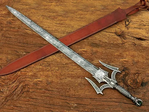 Vista 2 de Espada bárbara medieval de acero de Damasco, hoja de doble filo de acero de Damasco forjado a mano con funda de cuero.