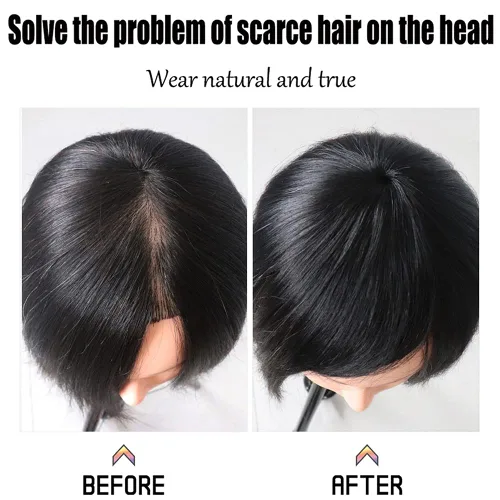 Vista 7 de Mini adorno de cabello humano real para mujer, extensiones de pelo lacio con clip para pérdida de cabello leve, base de seda, 2 clips, 6.7 in