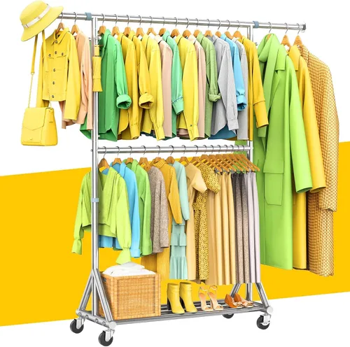 Vista 2 de Perchero de doble barra resistente con carga de 860 libras, percheros de ropa portátiles ajustables para colgar ropa, perchero rodante con ruedas