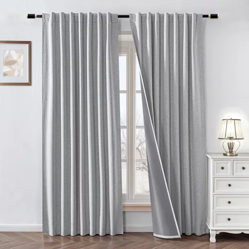 Vista 20 de Cortinas 100% opacas de lino sintético, 90 pulgadas de largo, 2 paneles para dormitorio o sala de estar, térmicas y atenuantes, con lengüetas