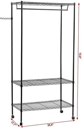 Vista 2 de Polyial Weave 3 niveles de gran tamaño ajustable resistente estante de ropa con estantes dobles para ropa y ruedas con bloqueo+1 par de ganchos