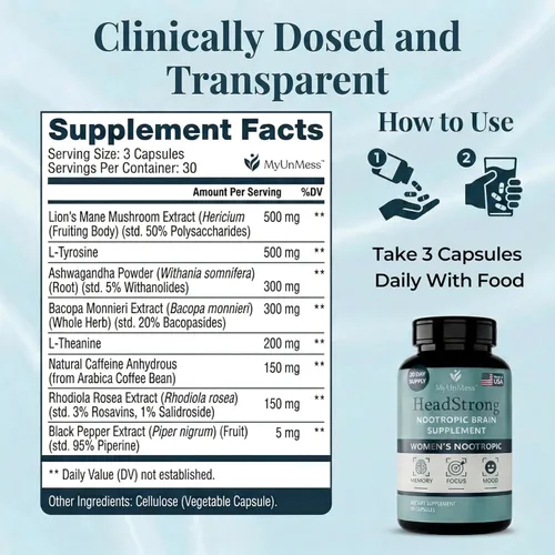 Vista 4 de HeadStrong - Suplemento cerebral nootrópico para mujeres, alivio de niebla cerebral y claridad mental, melena de león, Ashwagandha, L-teanina, apoyo