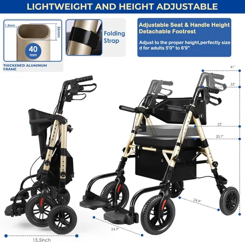 Vista 6 de Andador Rollator plegable para personas mayores con asiento, 2 en 1 ligero, silla de ruedas con ruedas para adultos, silla de transporte con frenos