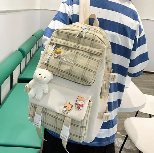 Vista 6 de Aobiono Juego de 5 mochilas a cuadros kawaii, estética, a cuadros, con alfileres, oso, colgante, luz escolar, kit de suministros escolares