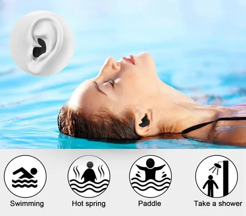 Vista 4 de Tapones para los oídos de natación, clip para la nariz, tapones para los oídos de natación, paquete de 3 pares de tapones de silicona reutilizables