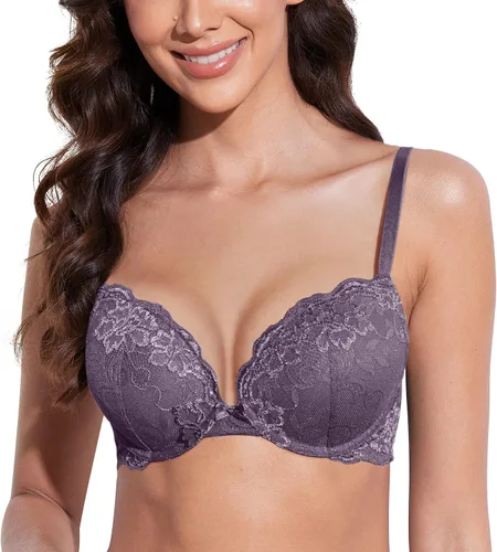 Vista 10 de Deyllo - Brasier de encaje para mujer con efecto de realce de busto, cómodo, con relleno, aros, levanta y añade una copa a tu busto Ámbar dorado