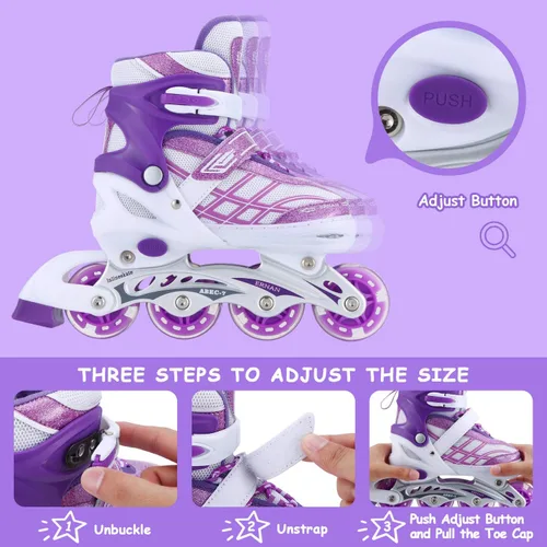 Vista 2 de Patines en línea para niños y niñas principiantes ajustables, las 8 ruedas iluminadas