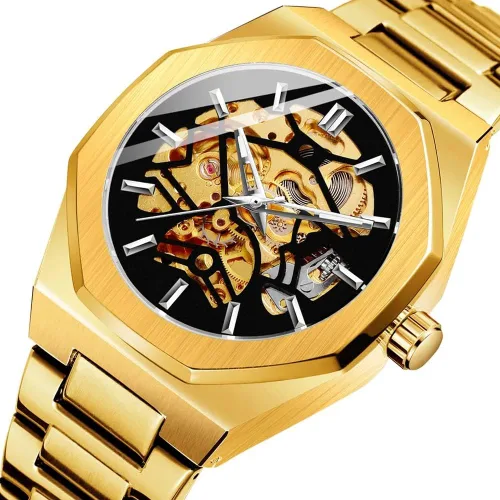 Vista 2 de Tiong Relojes automáticos de moda Reloj de pulsera mecánico dorado para hombre Relojes esqueleto con esfera transparente de acero inoxidable