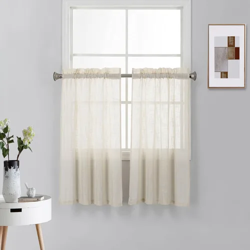 Vista 18 de 2 piezas de cortinas de aspecto de lino sólido y elegante, paneles totalmente cosidos, niveles de tratamiento de ventanas