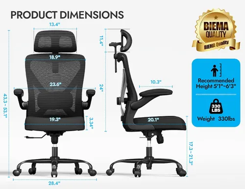 Vista 2 de Silla de oficina ergonómica negra: silla de escritorio de malla cómoda con Negro