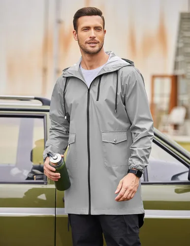 Vista 4 de COOFANDY Chubasquero largo para hombre, chaqueta impermeable para exteriores, con capucha