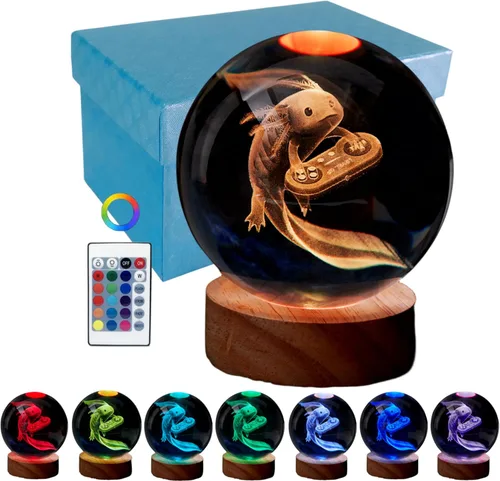 Vista 18 de Lámpara de bola de cristal 3D de Axolotl, lámpara de noche de bola de cristal mejorada de 3.15 pulgadas con 16 colores LED, base de madera, control