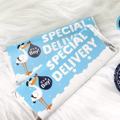 Vista 3 de Big Dot of Happiness Boy Special Delivery - Envoltura de barra de caramelo azul It's A Boy Stork Baby Shower Favores - Juego de 24