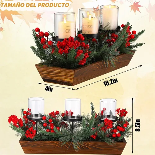 Vista 2 de Centro de mesa navideño de 3 pilares con portavelas de Navidad, bayas rojas artificiales, conos de pino y base de acero, arreglo de bayas