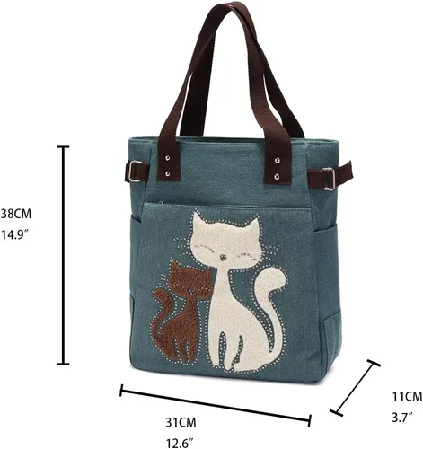 Vista 2 de KAUKKO Women Canvas Handbag Shoulder Bag Cat Big Tote Bag